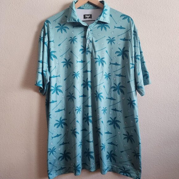 Waggle Polo Shirt Mens 2XL Tropical Palm Shark Golf Performance Stretch Summer - Picture 1 of 7
